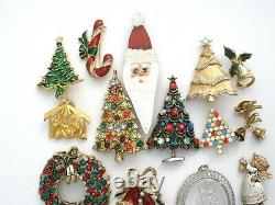 Vintage Christmas Brooches Lot of 27 Enamel Rhinestone Tree Pins Santa Claus