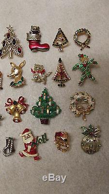 Vintage Christmas Pin Brooch Lot Of 24 Trees Wreaths Bells Reindeer Candles