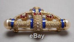 Vintage Ciner Art Deco Jeweled Rhinestone Pin Brooch with Faux Pearls & Enamel