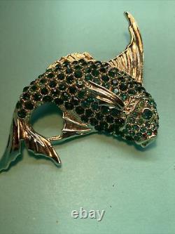 Vintage Ciner Koi Fish Green Rhinestones Figural Brooch Pin Unsigned