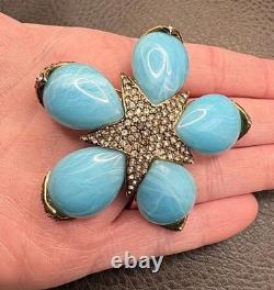 Vintage Ciner Large Flower Star Rhinestone Crystal Brooch Blue Marbled Cabochons