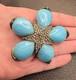 Vintage Ciner Large Flower Star Rhinestone Crystal Brooch Blue Marbled Cabochons