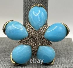 Vintage Ciner Large Flower Star Rhinestone Crystal Brooch Blue Marbled Cabochons