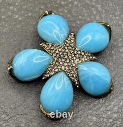 Vintage Ciner Large Flower Star Rhinestone Crystal Brooch Blue Marbled Cabochons