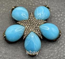 Vintage Ciner Large Flower Star Rhinestone Crystal Brooch Blue Marbled Cabochons