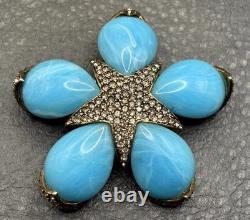 Vintage Ciner Large Flower Star Rhinestone Crystal Brooch Blue Marbled Cabochons