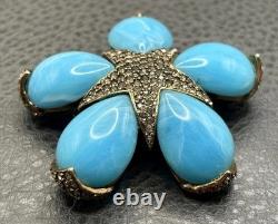 Vintage Ciner Large Flower Star Rhinestone Crystal Brooch Blue Marbled Cabochons