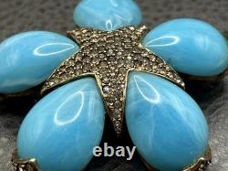 Vintage Ciner Large Flower Star Rhinestone Crystal Brooch Blue Marbled Cabochons