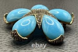 Vintage Ciner Large Flower Star Rhinestone Crystal Brooch Blue Marbled Cabochons