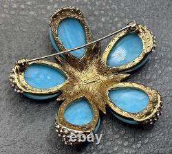 Vintage Ciner Large Flower Star Rhinestone Crystal Brooch Blue Marbled Cabochons