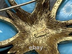Vintage Ciner Large Flower Star Rhinestone Crystal Brooch Blue Marbled Cabochons