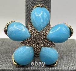 Vintage Ciner Large Flower Star Rhinestone Crystal Brooch Blue Marbled Cabochons