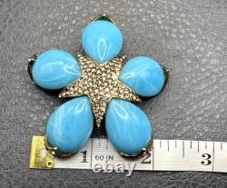 Vintage Ciner Large Flower Star Rhinestone Crystal Brooch Blue Marbled Cabochons
