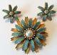 Vintage Ciner Signed Turquoise And Clear Rhinestone & Pearl Brooch And Earrings