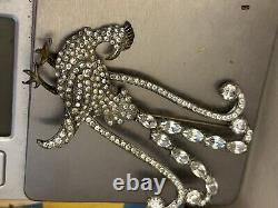 Vintage Clear Rhinestone Brooch Pin Figural Huge 4 X 2.5 Art Deco Unsigned