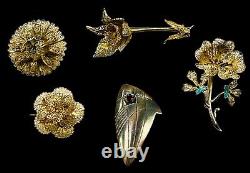 Vintage Collection Of 7 Portuguese 835 Silver Gold Rhinestone Brooches Pins