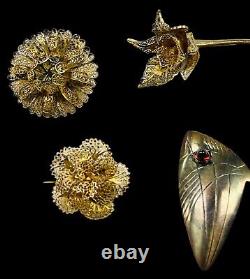Vintage Collection Of 7 Portuguese 835 Silver Gold Rhinestone Brooches Pins