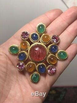Vintage Colorful WEISS Gripoix Poured Glass Rhinestone Maltese Cross Brooch Pin