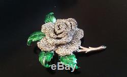 Vintage Confirmed Dujay Rhinestone Enamel Flower Floral Rose Pin Brooch