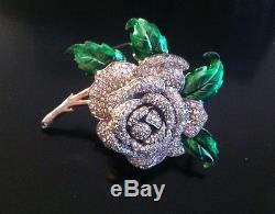 Vintage Confirmed Dujay Rhinestone Enamel Flower Floral Rose Pin Brooch