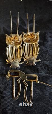 Vintage Coro AB Rhinestone Gold Owl Brooch with Green Eyes