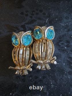 Vintage Coro AB Rhinestone Gold Owl Brooch with Green Eyes