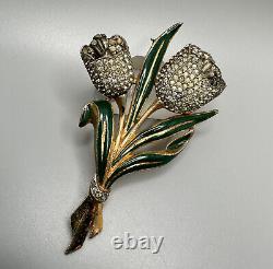 Vintage Coro Adolph Katz Double Flower Trembler Brooch Enamel Rhinestone
