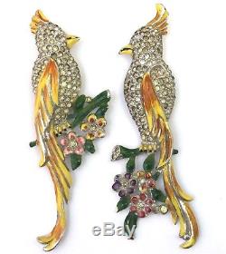 Vintage Coro Bird Duette Brooch Fur Clip Enamel Rhinestone Designer Jewelry