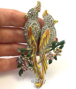 Vintage Coro Bird Duette Brooch Fur Clip Enamel Rhinestone Designer Jewelry