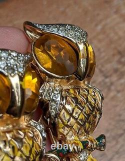 Vintage Coro Craft Rhinestone Enamel Owl Duette Pair Fur Clip Pin Brooch Read