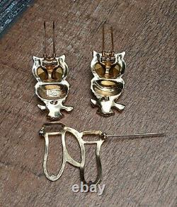 Vintage Coro Craft Rhinestone Enamel Owl Duette Pair Fur Clip Pin Brooch Read