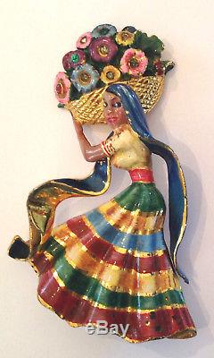 Vintage Coro Craft Sterling Mexican Flowergirl Brooch Pin Enamel Rhinestone 215