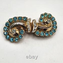 Vintage Coro Duette Brooch Fur Clips Aqua Blue Rhinestone