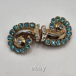 Vintage Coro Duette Brooch Fur Clips Aqua Blue Rhinestone