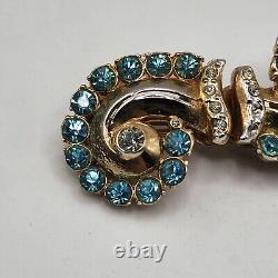 Vintage Coro Duette Brooch Fur Clips Aqua Blue Rhinestone