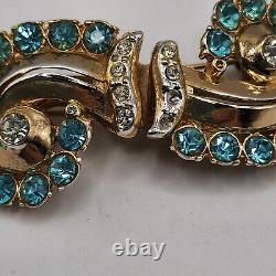 Vintage Coro Duette Brooch Fur Clips Aqua Blue Rhinestone