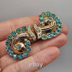 Vintage Coro Duette Brooch Fur Clips Aqua Blue Rhinestone