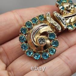 Vintage Coro Duette Brooch Fur Clips Aqua Blue Rhinestone