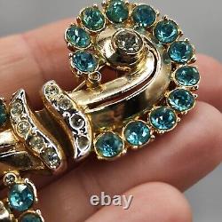 Vintage Coro Duette Brooch Fur Clips Aqua Blue Rhinestone