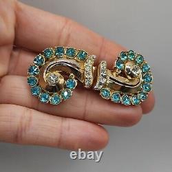 Vintage Coro Duette Brooch Fur Clips Aqua Blue Rhinestone