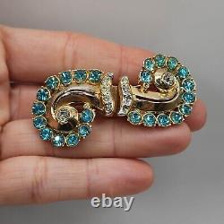 Vintage Coro Duette Brooch Fur Clips Aqua Blue Rhinestone