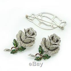 Vintage Coro Duette Stemmed Rose Brooch Pin with clear Rhinestones (A0678)