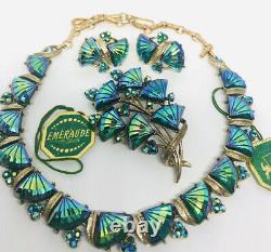 Vintage Coro Emeraude Necklace Brooch Earrings Parure Peacock Glass Orig Tags