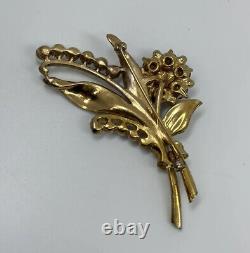 Vintage Coro Flower Brooch Enamel Rhinestone Pearl Gold Plate Art Deco Pin