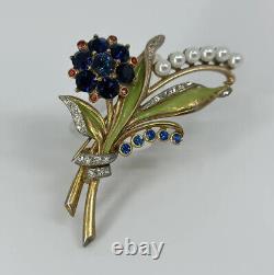 Vintage Coro Flower Brooch Enamel Rhinestone Pearl Gold Plate Art Deco Pin