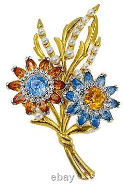 Vintage Coro Flower Spray Brooch Blue Orange Rhinestones Pearls With Gold Plate