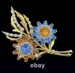 Vintage Coro Flower Spray Brooch Blue Orange Rhinestones Pearls With Gold Plate