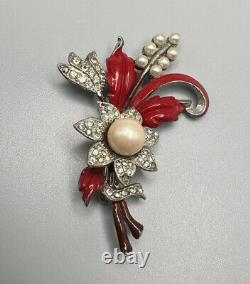 Vintage Coro G VERRECCHIO Flower Trembler Brooch Enamel Rhinestone Pearl RARE