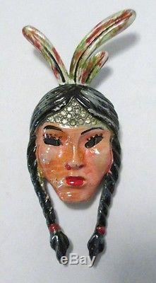 Vintage Coro Indian Princess Fur Clip Brooch 1942 Enamel KATZ Figural Woman Face