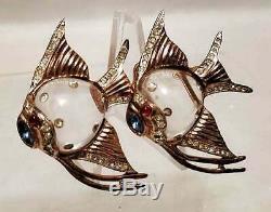 Vintage Coro Jelly Belly Duette Brooch Sterling Angel Fish Fur Clips Gold Washed